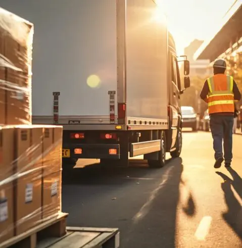 A man walking down the street near a truck.