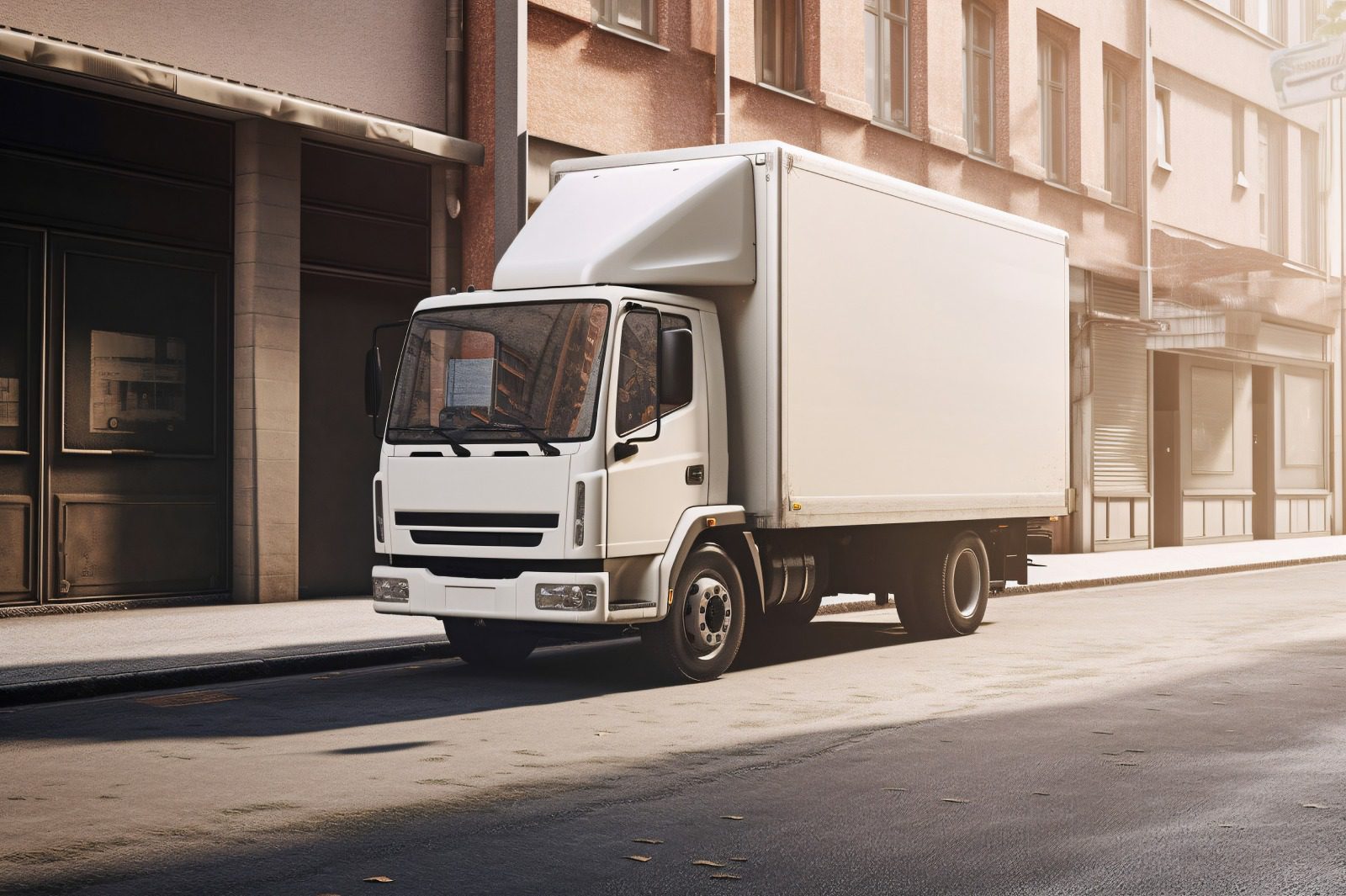 A white truck parked on the side of a street.